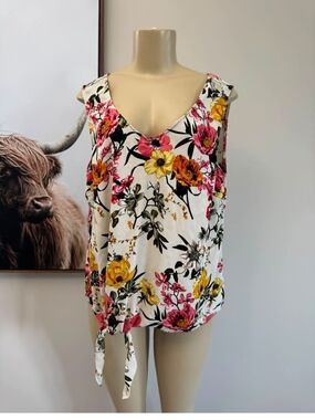 Cleo Floral V-Neck Tank Top in White with Pink & Yellow Blooms